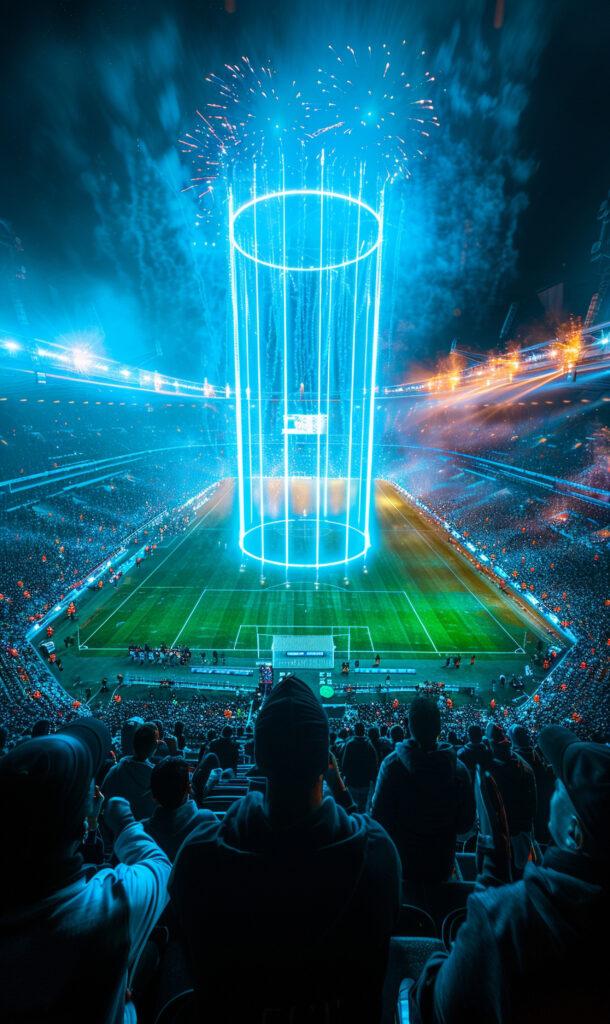 Fans fútbol animando campo futurista
